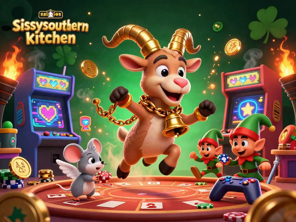 Sissy's Southern Kitchen presents a festive gaming scene with Krampus, an angel mouse, and elf gremlins in action.