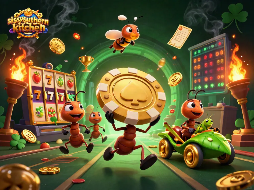 Team of ants carrying a golden poker chip in a dynamic heist at sissyssouthernkitchen casino