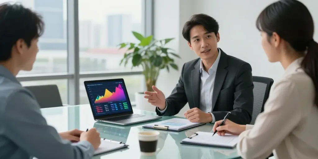 Discussing spaardeposito options in a modern financial office.