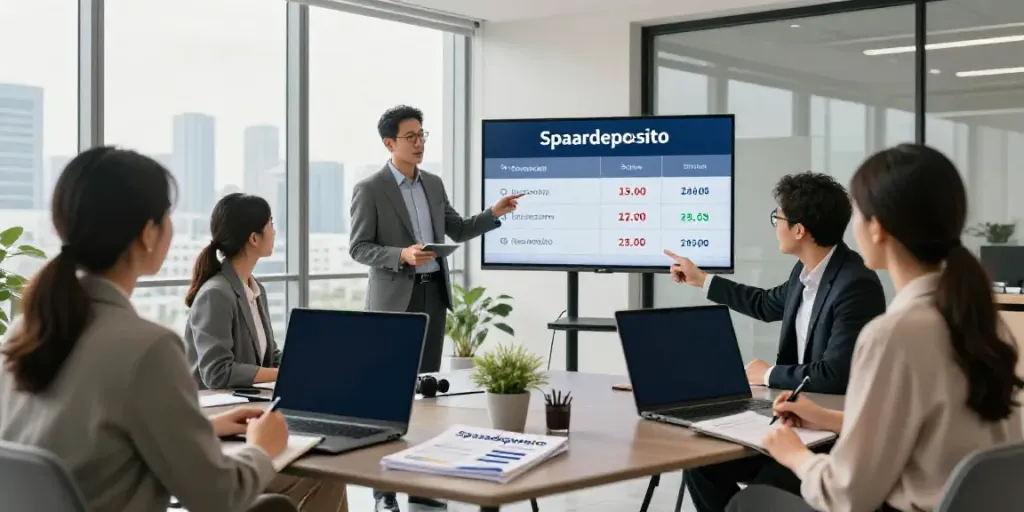Financial advisor discussing spaardeposito options with clients in a modern office.