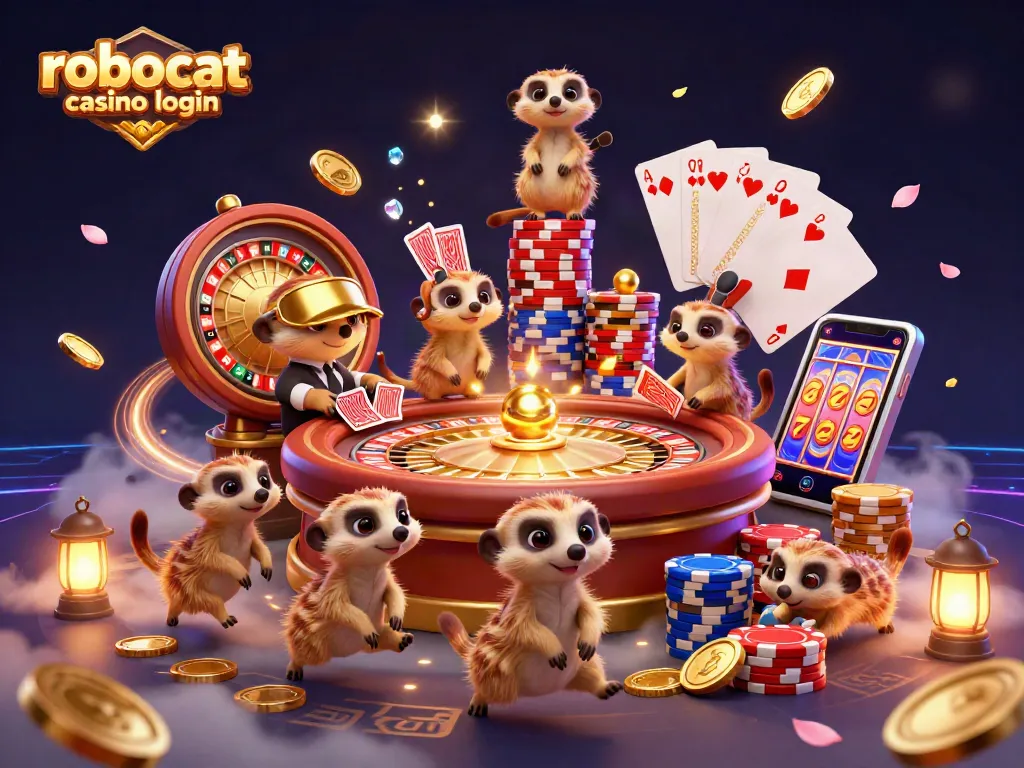 Enjoy the thrill of robocat casino login with colorful, dynamic meerkat characters in a bustling casino scene.