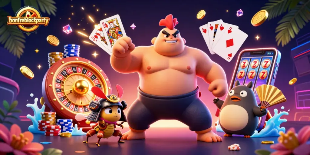 Experience the bonfireblockparty with a festive casino scene featuring vibrant characters and gaming elements.