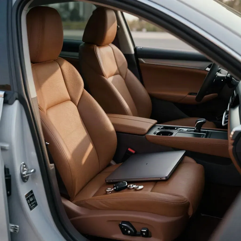 Portátil cerrado, llavero y fichas metálicas sobre el asiento de un coche usado, luz cálida.