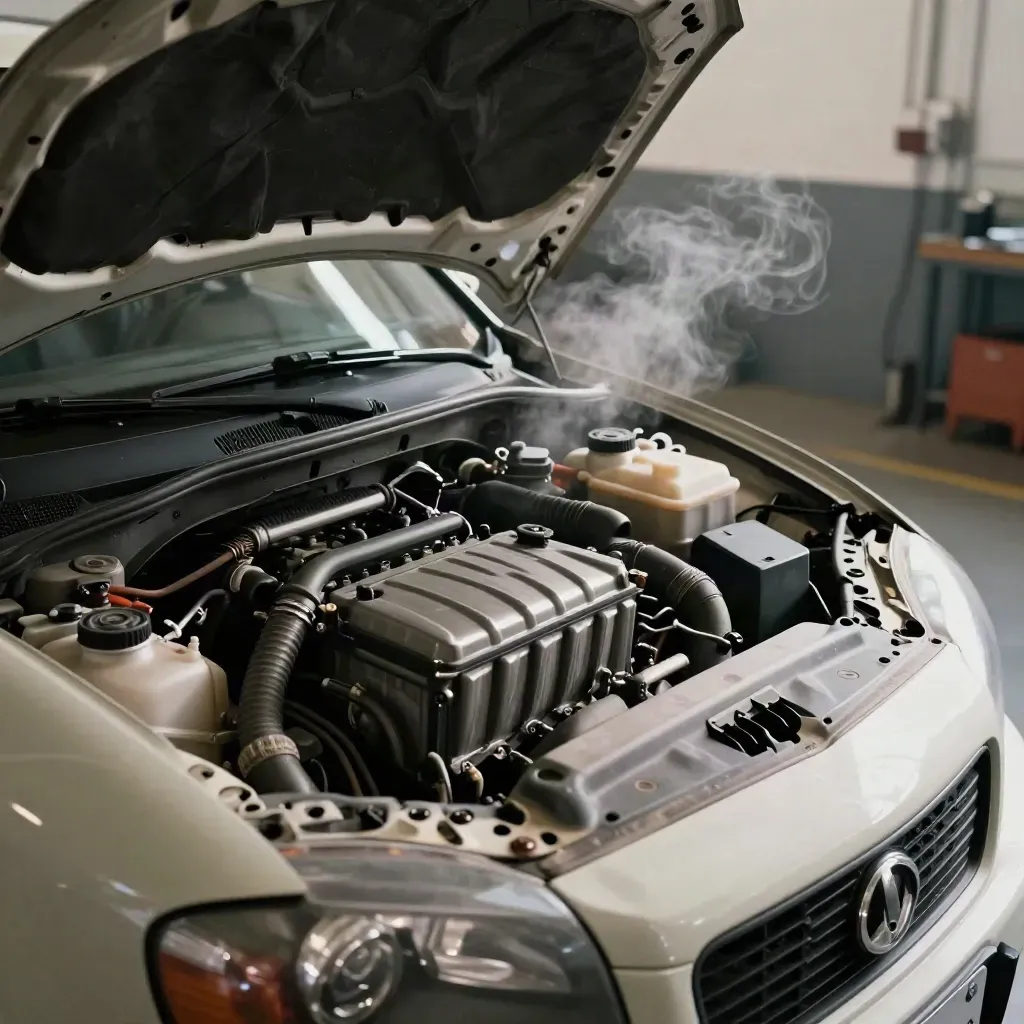 Vano motor abierto de un compacto usado en taller sobrio, con vapor fino y luz dramática.