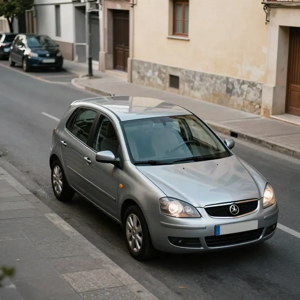 Coche gris entrando por calle estrecha de barrio, visto desde arriba en tres cuartos, tarde cálida.