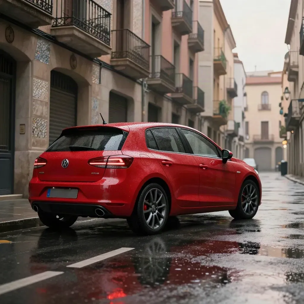 Compacto rojo metalizado en una calle estrecha de Barcelona con asfalto mojado y fachada modernista.