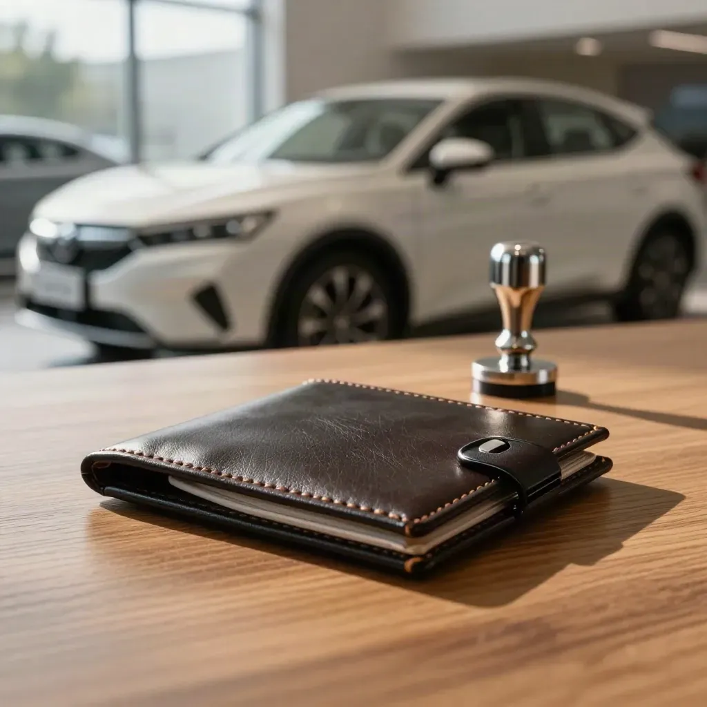 Carpeta de cuero, llave de coche y sello sobre mesa con un coche desenfocado al fondo.