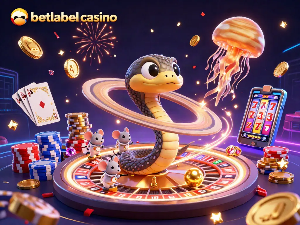 Betlabelcasino showcases a cosmic gambling scene featuring astronaut mice and a giant jellyfish dealer.